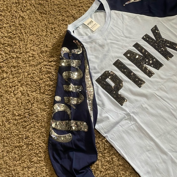Ladies “PINK” long sleeve sequin accent top. Light blue w/navy sleeves Sz Small - Picture 3 of 11